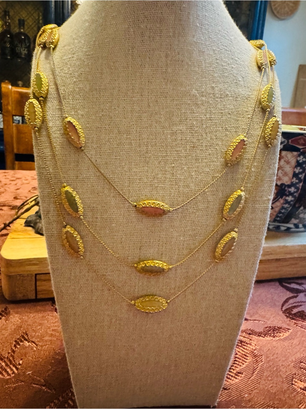 Vintage Triple Strand Gold Green Oval Station Necklace Boho Layered Enamel Beads